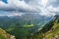 Swiss Alps mountain range in the Ebenalp, Appenzell region on Switzerland. Sunny summer day, wide-angle panorama view Royalty Free Stock Photo