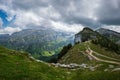 Swiss Alps mountain range in the Ebenalp, Appenzell region on Switzerland. Sunny summer day, wide-angle panorama view Royalty Free Stock Photo