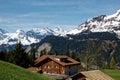 Swiss alps near Lauterbrunnen, Switzerland. Chalet meadow and mountains Royalty Free Stock Photo