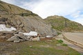 Road mountain landscape sky summer swiss alps Switzerland alpine snow melting melt melts travel empty rural mountains nature route Royalty Free Stock Photo