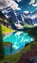 Swiss Alps With It\'s Snow Caped Peaks Lush Green Valleys and Crystal Clear Lakes Landscape Background AI Generative Royalty Free Stock Photo