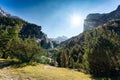 Swiss Alps summit of Wetterhorn peak and sunburst shine on the forest in sunny day at Reichenbach, Rosenlaui, Switzerland