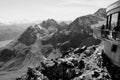 Swiss Alps: The view from Piz Nair Restaurant to lake St. Moritz and mount Julier