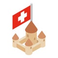 Swiss castle icon isometric vector. Chillon castle and switzerland flag icon