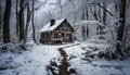 Swiss Chalet, Adirondack Cabin. Wood cabin in a winter forest landscape. Snowing Christmas.