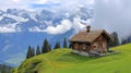 Swiss chalet in clouds on greenly mountain\'s top. Royalty Free Stock Photo