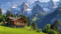 Swiss chalet in front of ice mountains with clouds