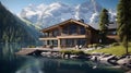 A Swiss chalet with wooden balconies, surrounded by snow-capped mountains.