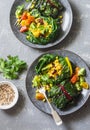 Swiss chard packets. Chard leaves stuffed with turmeric lentils and vegetables. Vegetarian healthy food concept. On a grey backgro