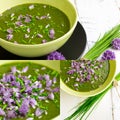 Swiss Chard and Potato Cream Soup Chopped Chives with Flowers Royalty Free Stock Photo