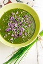 Swiss Chard and Potato Cream Soup Chopped Chives with Flowers Royalty Free Stock Photo