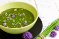 Swiss Chard and Potato Cream Soup Chopped Chives with Flowers Royalty Free Stock Photo