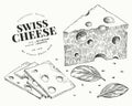 Swiss cheese illustration. Hand drawn vector dairy illustration. Engraved style emmental triangle slice cut. Vintage food