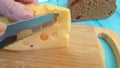 Swiss cheese knife cuts slow motion