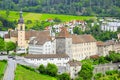 Swiss countryside and church by Chur. Royalty Free Stock Photo