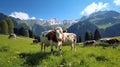 swiss cows are grazing in a flowery meadow, and pine trees at the swiss alps landscape Royalty Free Stock Photo