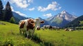 swiss cows are grazing in a flowery meadow, and pine trees at the swiss alps landscape Royalty Free Stock Photo