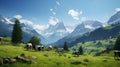 swiss cows are grazing in a flowery meadow, and pine trees at the swiss alps landscape Royalty Free Stock Photo