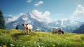 swiss cows are grazing in a flowery meadow, and pine trees at the swiss alps landscape Royalty Free Stock Photo