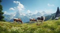 swiss cows are grazing in a flowery meadow, and pine trees at the swiss alps landscape Royalty Free Stock Photo