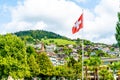 swiss flag with blue sky