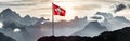 Swiss flag in front of Swiss Alps