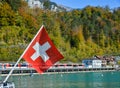 Swiss flag in tourist boat on Lake Brienz Royalty Free Stock Photo