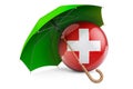 Swiss flag under umbrella. Protection and security of Switzerland concept, 3D rendering