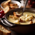 Close-up of Swiss Fondue with Bread, Potatoes, and Apples