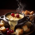 Close-up of Swiss Fondue with Bread, Potatoes, and Apples