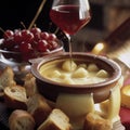 Close-up of Swiss Fondue with Bread, Potatoes, and Apples