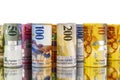 Swiss franc, banknotes rolled up in rolls Royalty Free Stock Photo