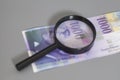 Swiss 1000 Franc banknotes under magnifying glass Royalty Free Stock Photo