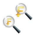 Swiss Franc currency shiny gold symbol with magnifying glass. Royalty Free Stock Photo