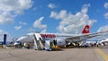 Swiss International Air Lines new Bombardier CSeries passenger jet on display at Singapore Airshow Royalty Free Stock Photo