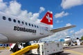 Swiss International Air Lines new Bombardier CSeries passenger jet on display at Singapore Airshow Royalty Free Stock Photo