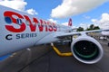 Swiss International Air Lines new Bombardier CSeries passenger jet on display at Singapore Airshow Royalty Free Stock Photo