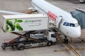 Swiss jet and a Gate Gourmet truck in the Zurich Airport Royalty Free Stock Photo