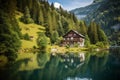 swiss landscape with house, lake, mountains and pine trees, AI generative