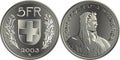 Swiss money 5 Francs silver coin obverse