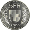 Swiss money 5 Francs silver coin reverse