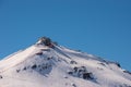 Swiss mountain peak after snowfall with panoramic view of Murren Jungfrau ski region