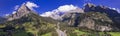 Swiss nature scenery. Kandersteg village with stunning valley surrouded by high Alps mountains. Royalty Free Stock Photo