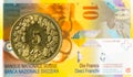 5 swiss rappen coin against 10 swiss franc bank note Royalty Free Stock Photo