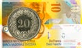 20 swiss rappen coin against 10 swiss franc bank note