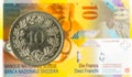 10 swiss rappen coin against 10 swiss franc bank note