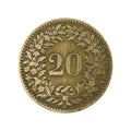 20 swiss rappen coin 1858 obverse isolated on white background