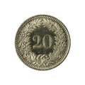 20 swiss rappen coin 2009 obverse isolated on white background Royalty Free Stock Photo