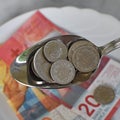 Swiss rappen in a tablespoon and paper bills Royalty Free Stock Photo