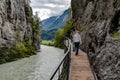 Swiss river aare gorge bern mystical dark narow foodpath boardwalk Royalty Free Stock Photo